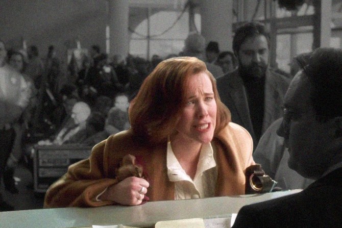 Catherine O'Hara in Home Alone talking to the airline ticket desk
