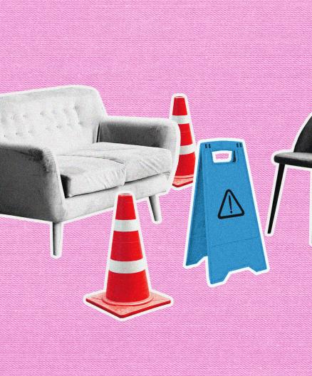 a therapist's couch surrounded by caution signs