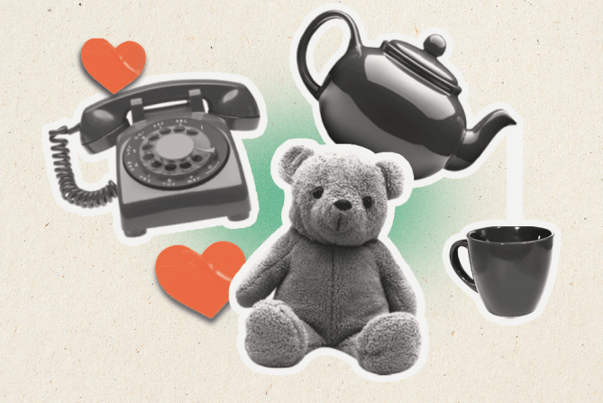 A teddy bear, phone, and teapot