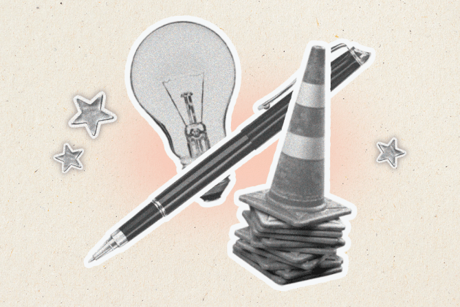 A lightbulb, pen, and parking cone