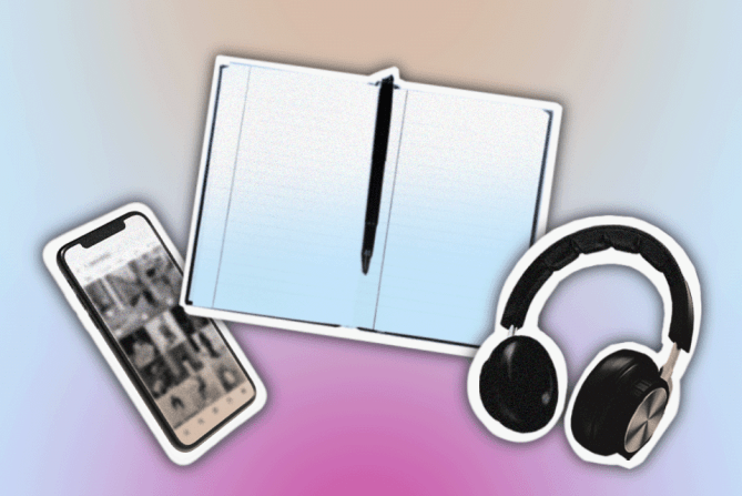 Examples for how to calm anxiety, including a journal, headphones, calling someone on the phone, etc.
